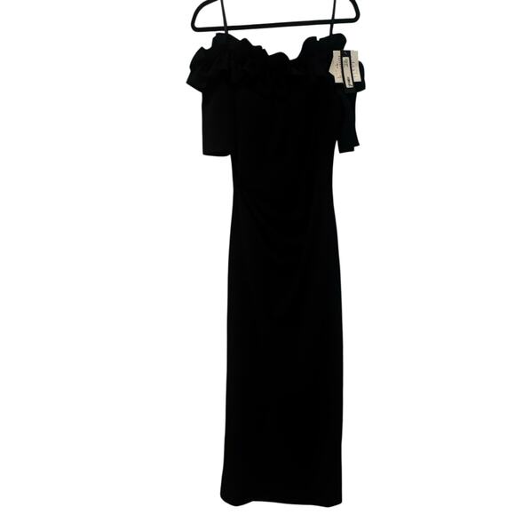 XSCAPE Women's Ruffled Off-the-Shoulder Short Sleeve Crepe Sheath Gown 12 NWT - Picture 7 of 14